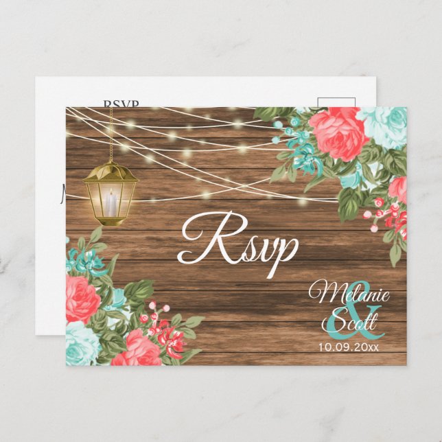 RSVP -Wood, Lantern and Teal, Coral Floral Wedding Postcard (Front/Back)