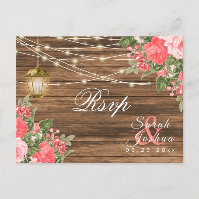 RSVP -  Wood, Lanterns and Coral Flower Postcard (Front)