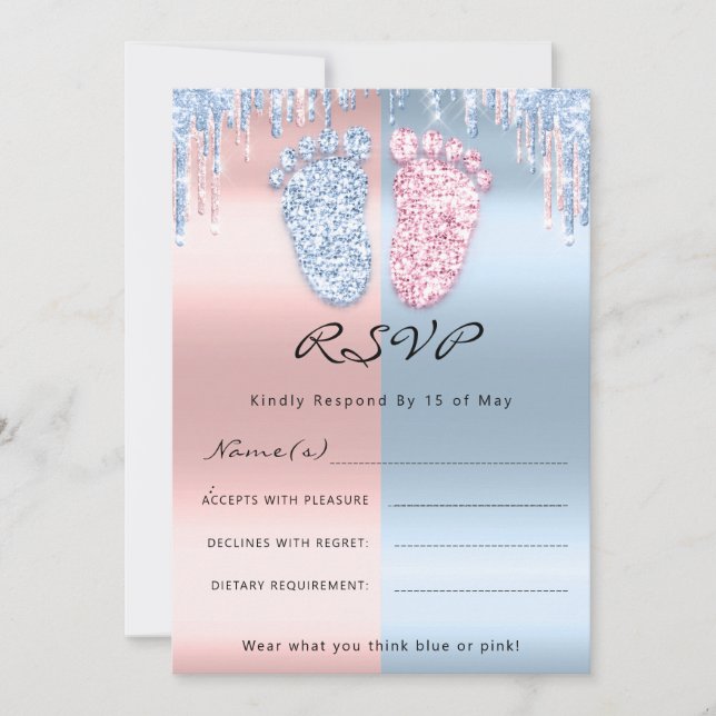 RSVPGender Reveal Feet Glitter Pink Blue BabyTwins Invitation (Front)