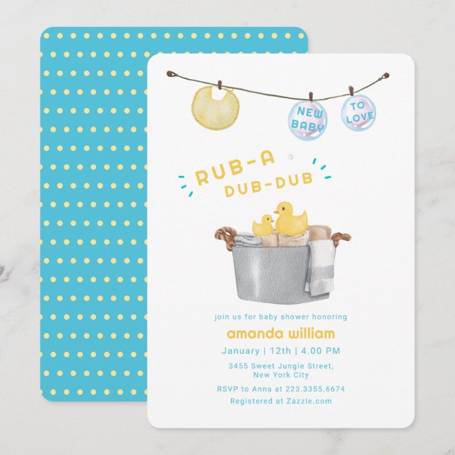 Rub A Dub Dub Clothesline Rubber Duck Baby Shower  Invitation (Front/Back)