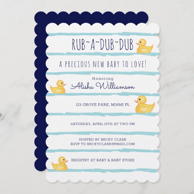 Rub-A-Dub-Dub Cute Yellow Rubber Ducky Baby Shower Invitation (Front/Back)