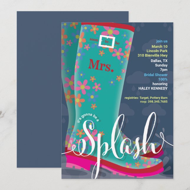Rubber Boot Splash Bridal Shower Invitation (Front/Back)