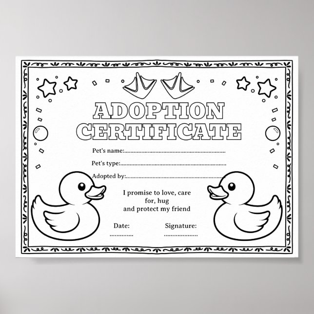 Rubber duck adopt a pet colouring certificate poster (Front)