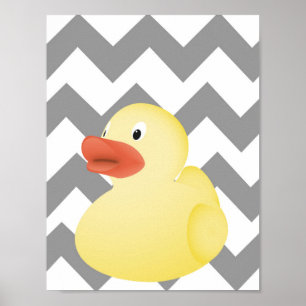 Rubber Duck against Grey Chevron Background poster