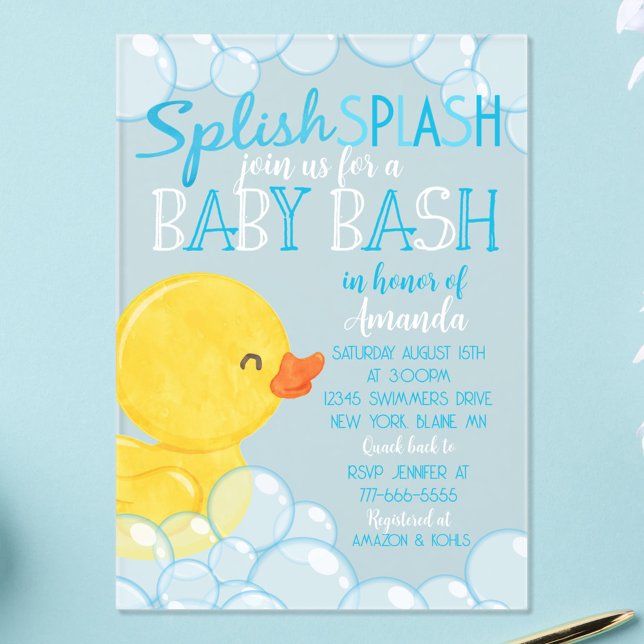 Rubber Duck Baby Shower Frosted Acrylic Invitation (Watercolor Rubber Ducky Baby Shower Frosted Acrylic Clear Invitations)
