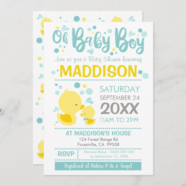 Rubber Duck Baby Shower Invitation Ducky Boy (Front/Back)