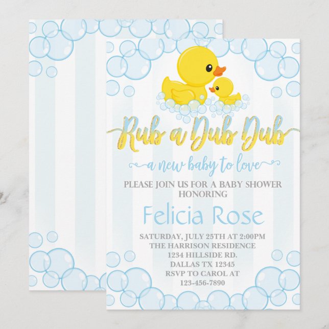 Rubber Duck Baby Shower Invitation Invite (Front/Back)