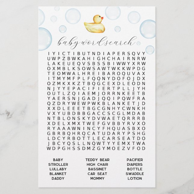 Rubber Duck Baby Shower Word Search Game (Front)