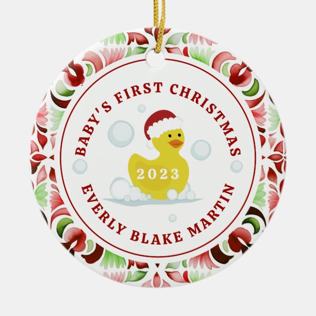 Rubber Duck Baby's First Christmas Photo Ceramic Ornament (Front)