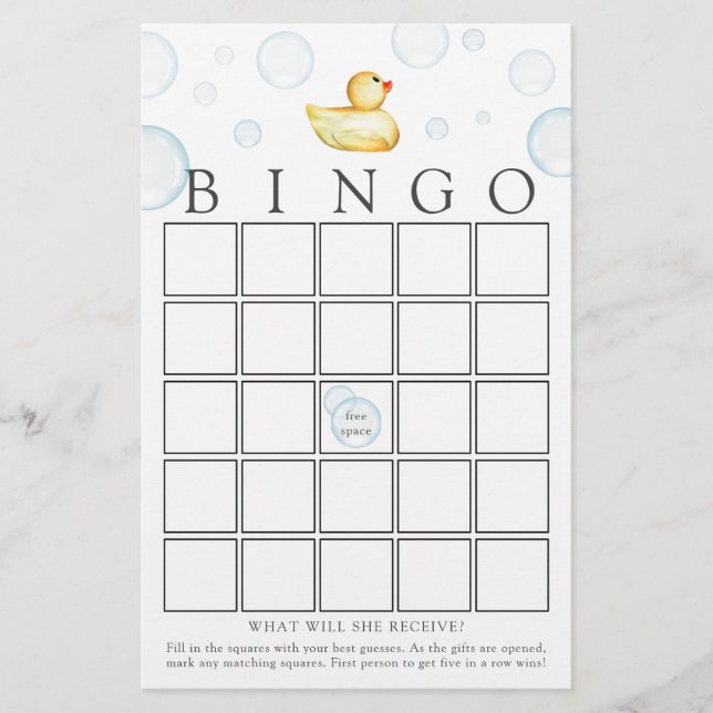 Rubber Duck Bingo Baby Shower Game Card (Front)