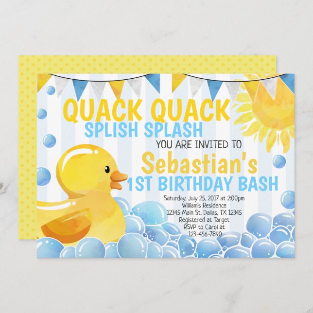Rubber Duck Birthday Party Invitation Invite (Front/Back)