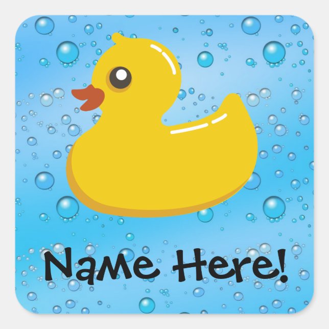 Rubber Duck Blue Bubbles Personalised Kids Square Sticker (Front)