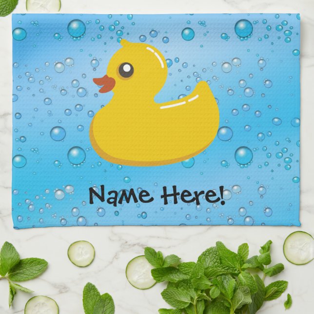 Rubber Duck Blue Bubbles Personalised Kids Tea Towel (Folded)