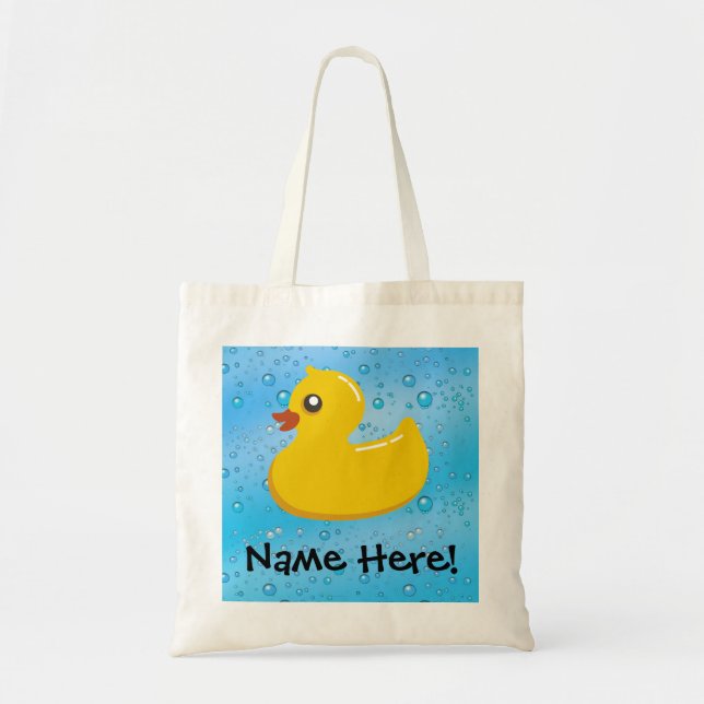 Rubber Duck Blue Bubbles Personalised Kids Tote Bag (Front)