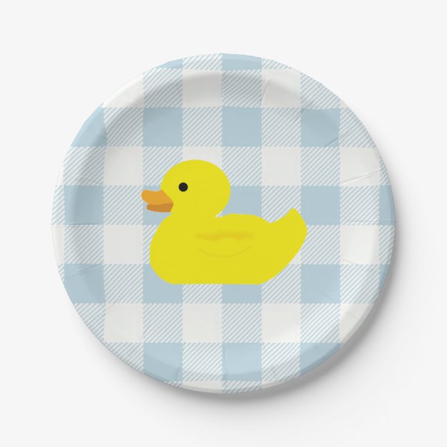 Rubber Duck Blue Gingham Pattern Paper Plate (Front)