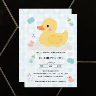 Rubber Duck Blue Hearts Baby Shower Invitation