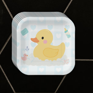 Rubber Duck Blue Hearts Baby Shower Paper Plate