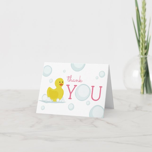 Rubber Duck Bubbles Baby Shower Thank You Pink Card (Front)