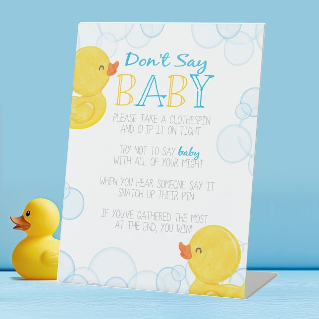 Rubber Duck Don't Say Baby Shower Game Pedestal Sign (Watercolor Rubber Duck Dont Say Baby Shower Game Table Pedestal Party Sign)