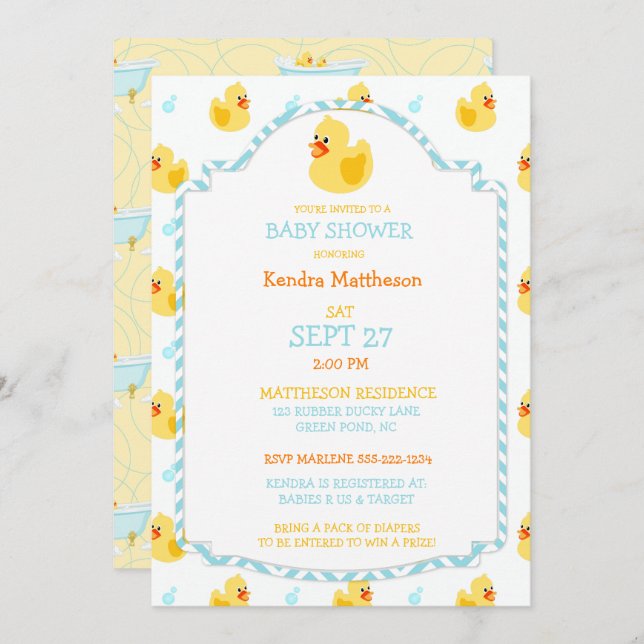 Rubber Duck Ducky Gender Neutral Aqua Yellow Invitation (Front/Back)