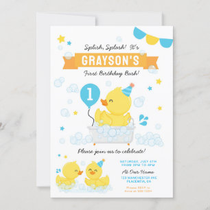 Rubber Duck First birthday Party Blue Yellow Invitation