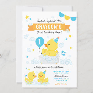 Rubber Duck First birthday Party Blue Yellow Invitation