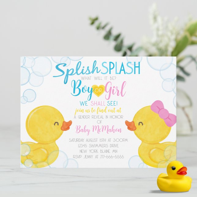Rubber Duck Gender Reveal Party Invitation (Splish Splash Boy or Girl Watercolor Rubber Duck Gender Reveal Party Invitations)