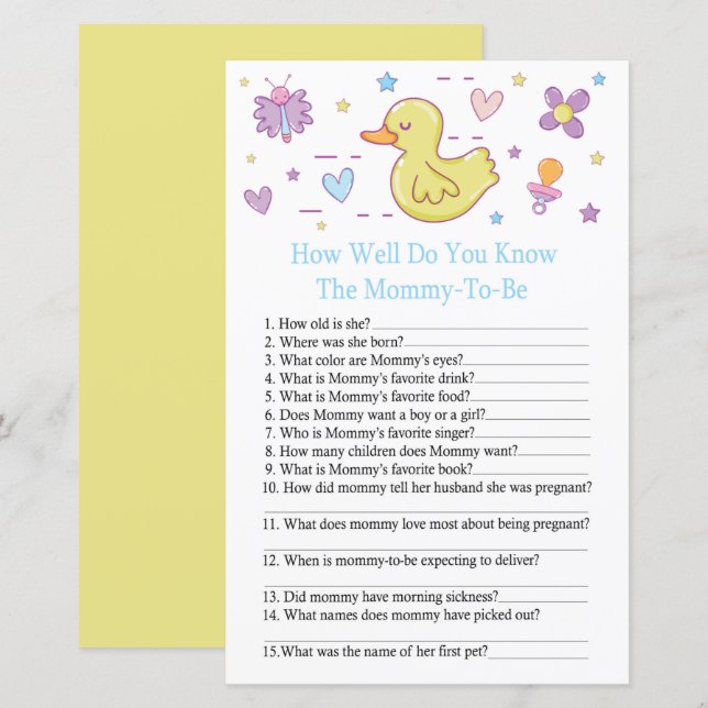 Rubber duck How well do you know baby shower game (Front/Back)