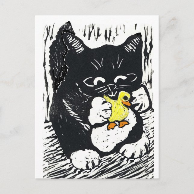 Rubber Duck & Kitten, Block Print Postcard (Front)