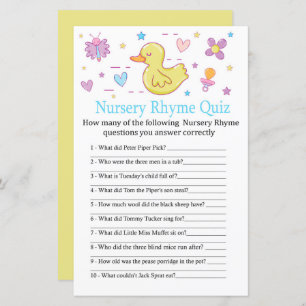 Rubber duck Nursery Rhyme Quiz baby shower game
