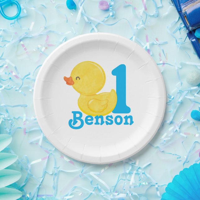 Rubber Duck Personalised Birthday Paper Plates (Boy Birthday Watercolor Rubber Duck Party Paper Plates with Age)
