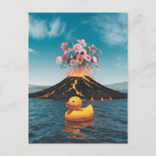 Rubber Duck Surreal Volcano Pink Flowers Postcard