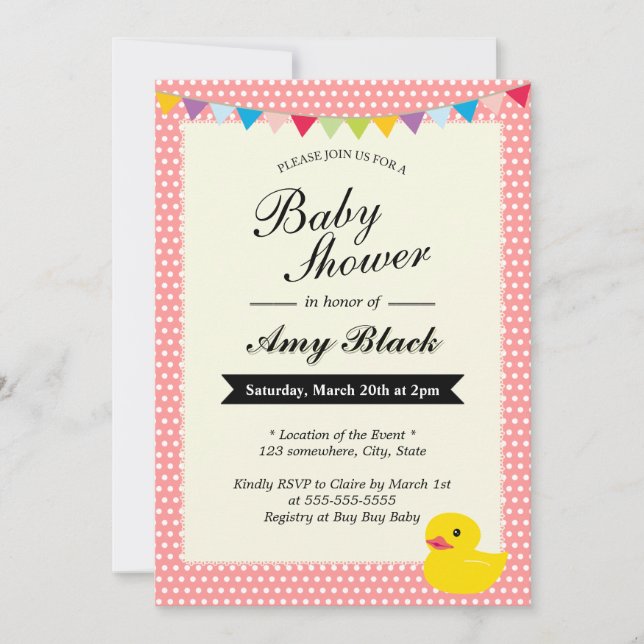 Rubber Duck Sweet Dots Pink Baby Shower Invitation (Front)