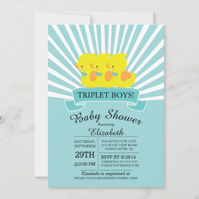 Rubber Duck Triplet Boys Baby Shower Invitations (Front)