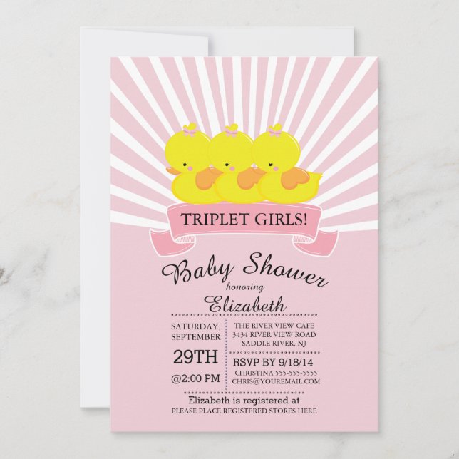 Rubber Duck Triplet Girls Baby Shower Invitations (Front)