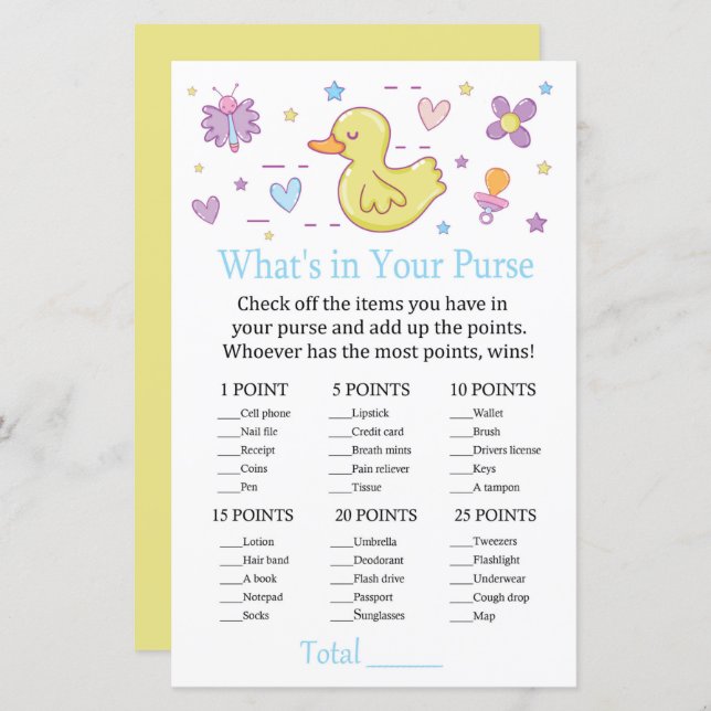 Rubber duck What's in your purse game (Front/Back)
