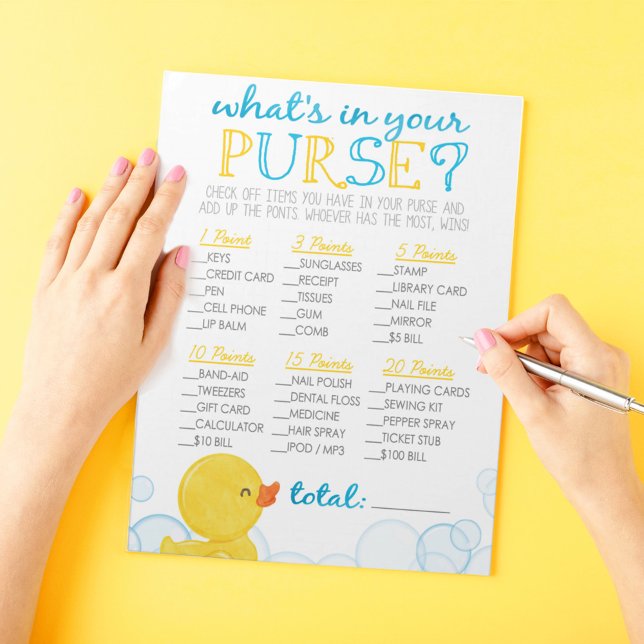 Rubber Duck What's In Your Purse Shower Game Notepad (What's In Your Purse Watercolor Rubber Duck Baby Shower Game Pack of 40 Answer Sheets)
