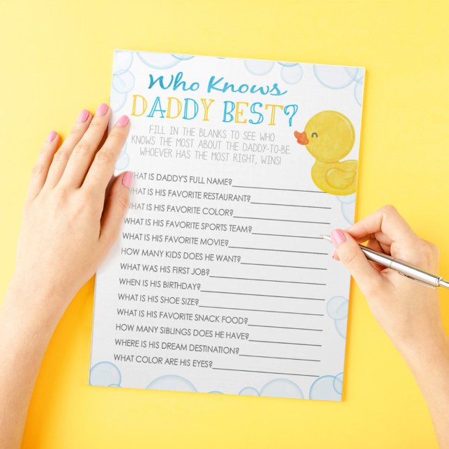 Rubber Duck Who Knows Daddy Best Baby Game Pack Notepad (Who Knows Daddy Best Watercolor Rubber Duck Baby Shower Game Pack of 40 Answer Sheets)