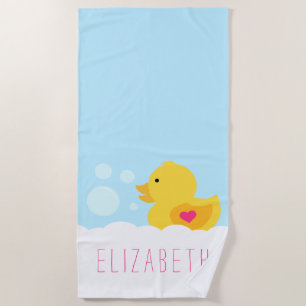 Rubber Duck With Pink Heart Beach Towel