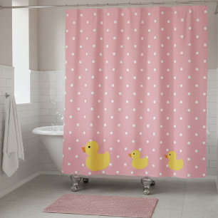 Rubber Ducks Swimming on Pink Polka Dots Shower Curtain