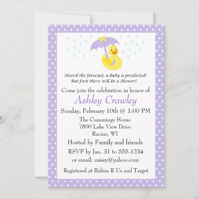 Rubber Ducky Baby Shower invite purple - customise (Front)