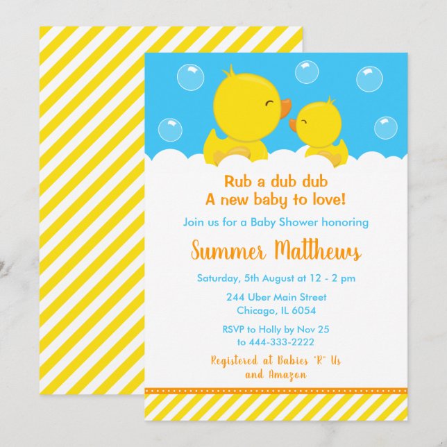 Rubber Ducky Baby Shower Yellow and Blue Invitation (Front/Back)
