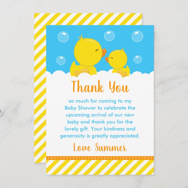 Rubber Ducky Baby Shower Yellow and Blue Thank You Card (Front/Back)