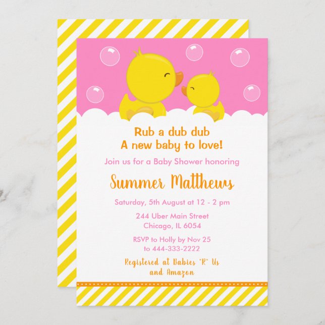 Rubber Ducky Baby Shower Yellow and Pink Invitation (Front/Back)
