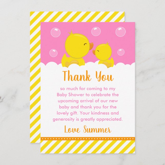 Rubber Ducky Baby Shower Yellow and Pink Thank You Card (Front/Back)