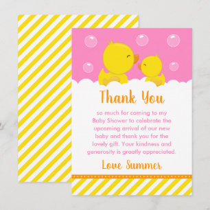 Rubber Ducky Baby Shower Yellow and Pink Thank You Card