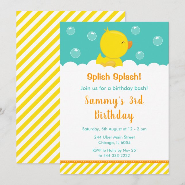 Rubber Ducky Birthday Party Yellow and Green Invitation (Front/Back)