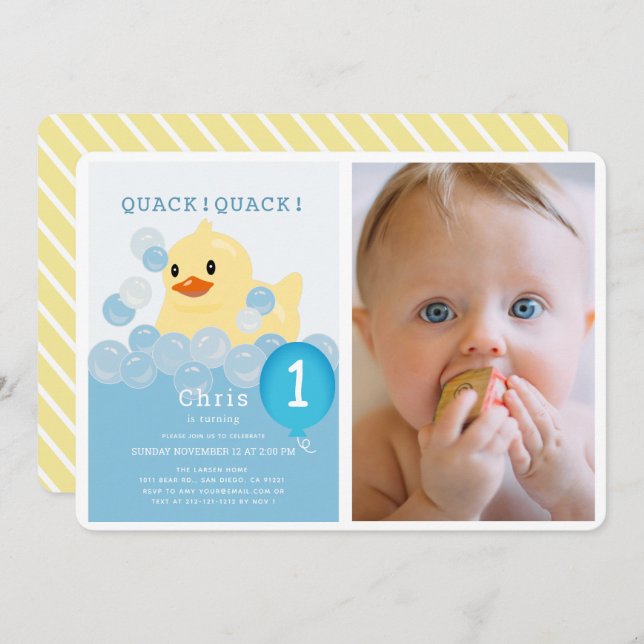 Rubber Ducky Blue Boy Photo 1st Birthday Invitation (Front/Back)