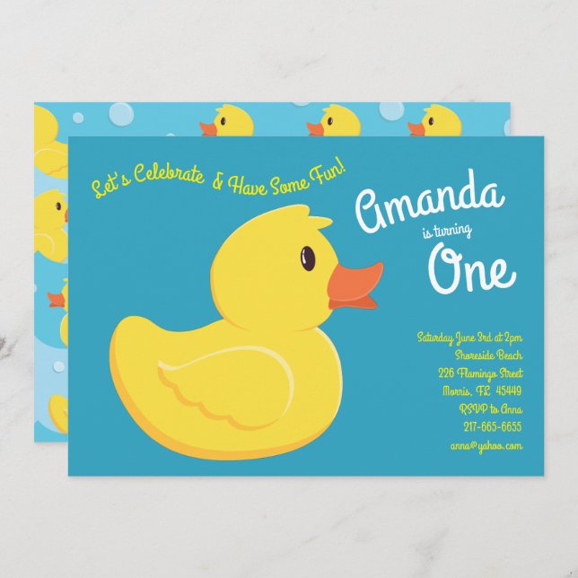 Rubber Ducky Cute Kid 1st Birthday Party Ducks Invitation (Front/Back)