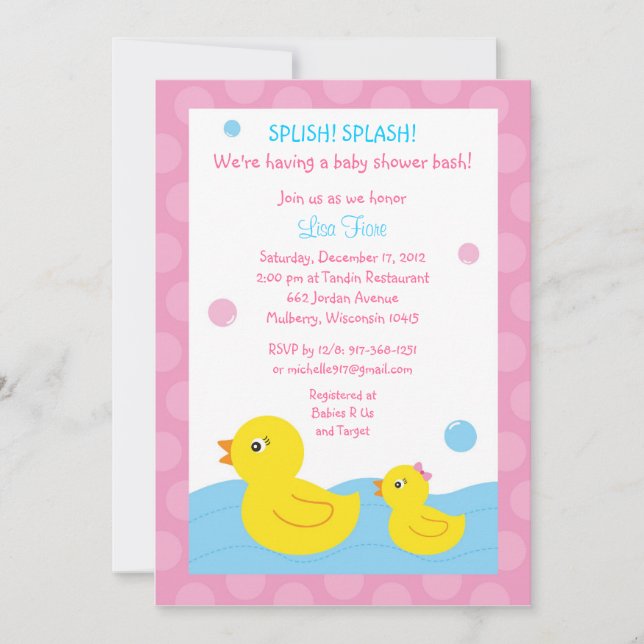 Rubber Ducky Duck Girl Baby Shower Invitations (Front)